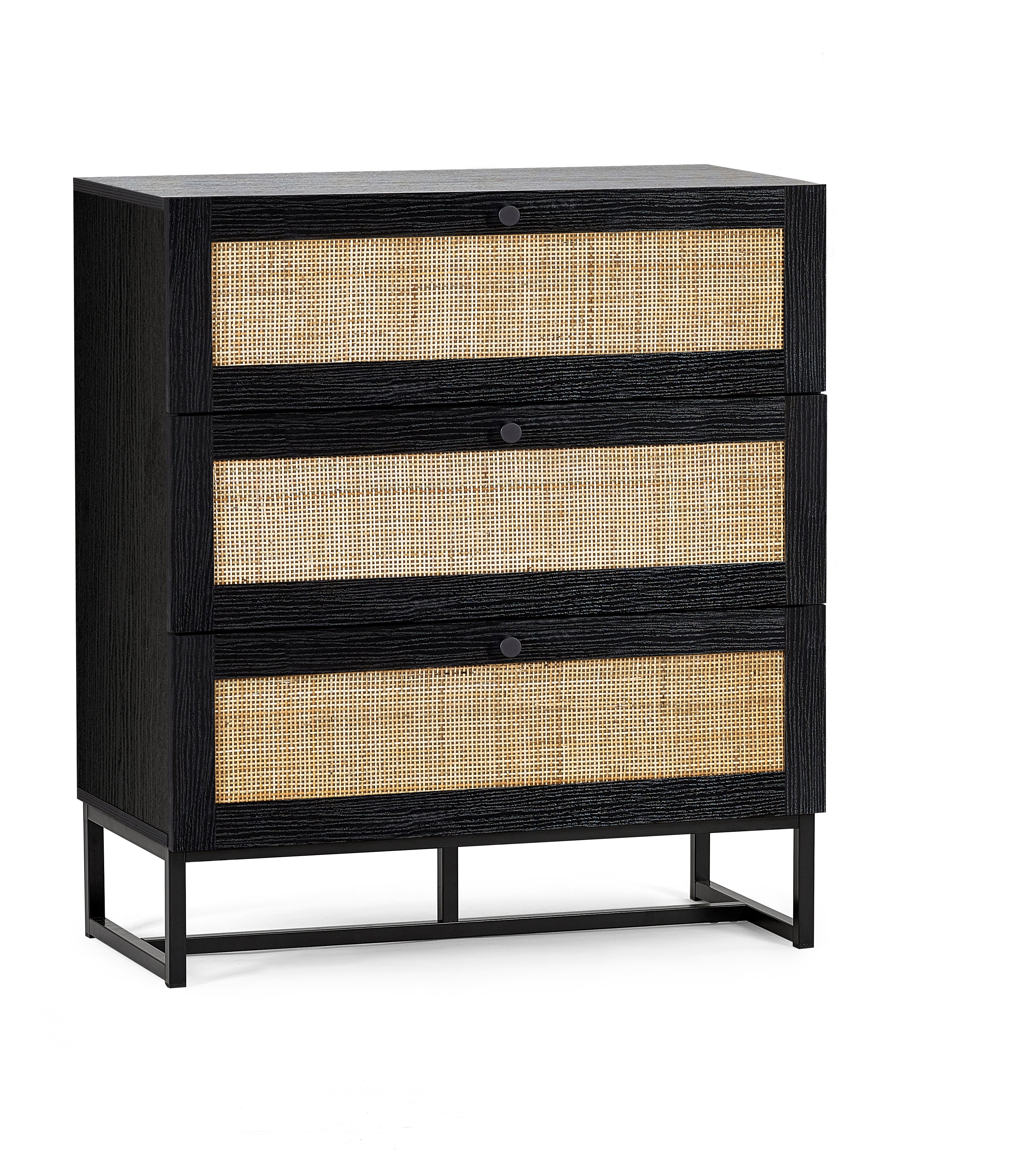Clermont Black Oak Wood & Rattan Chest of Drawers | 3 Drawers